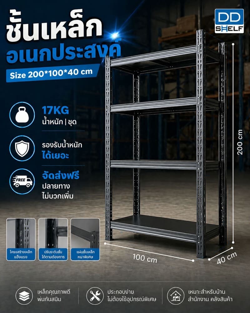 ชั้นวางสินค้าเหล็กขนาดกะทัดรัด DD Shelf Micro Rack ขนาด 200x40x100 เซนติเมตร