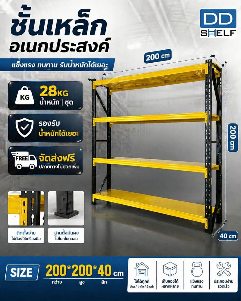 ชั้นวางของเหล็กอเนกประสงค์ DD Shelf Micro Rack ขนาด 200x40x200 เซนติเมตร สำหรับคลังสินค้า