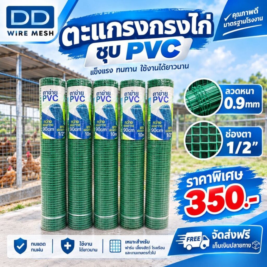 DD Wire Mesh ตระเเกรงกรงไก่ ชุบ PVC สีเขียว